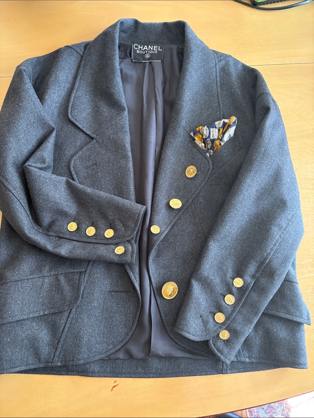 CHANEL Gray Wool Blazer with Gold Buttons
